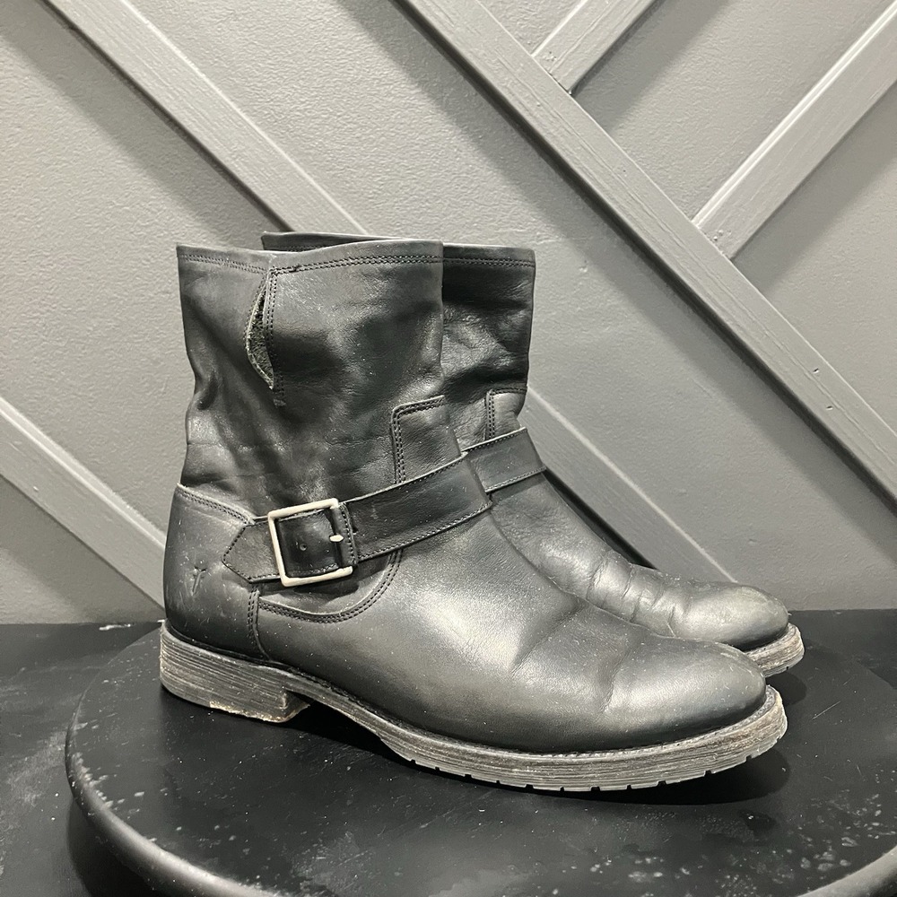Frye Women's Size 8.5 Black Leather Engineer Moto Ankle Boots Harness Buckle